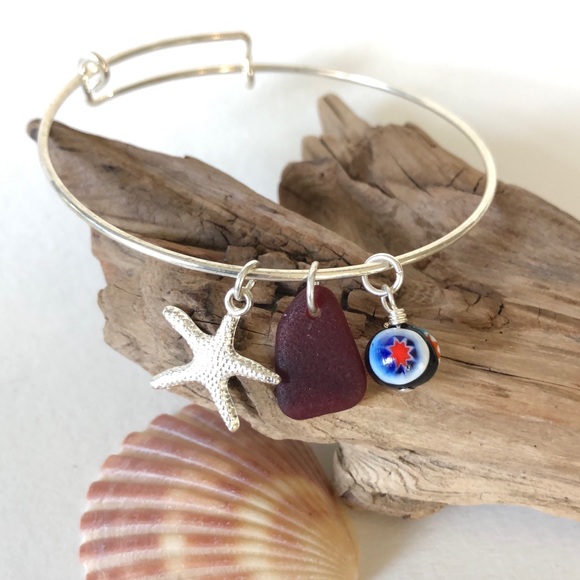 Artisan Jewelry - Adjustable Genuine Red Sea Glass Bangle Bracelet
